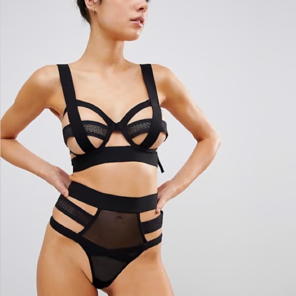 New! SET Bluebella Talisa Black Mesh Strappy Cage Bra Panty 1729